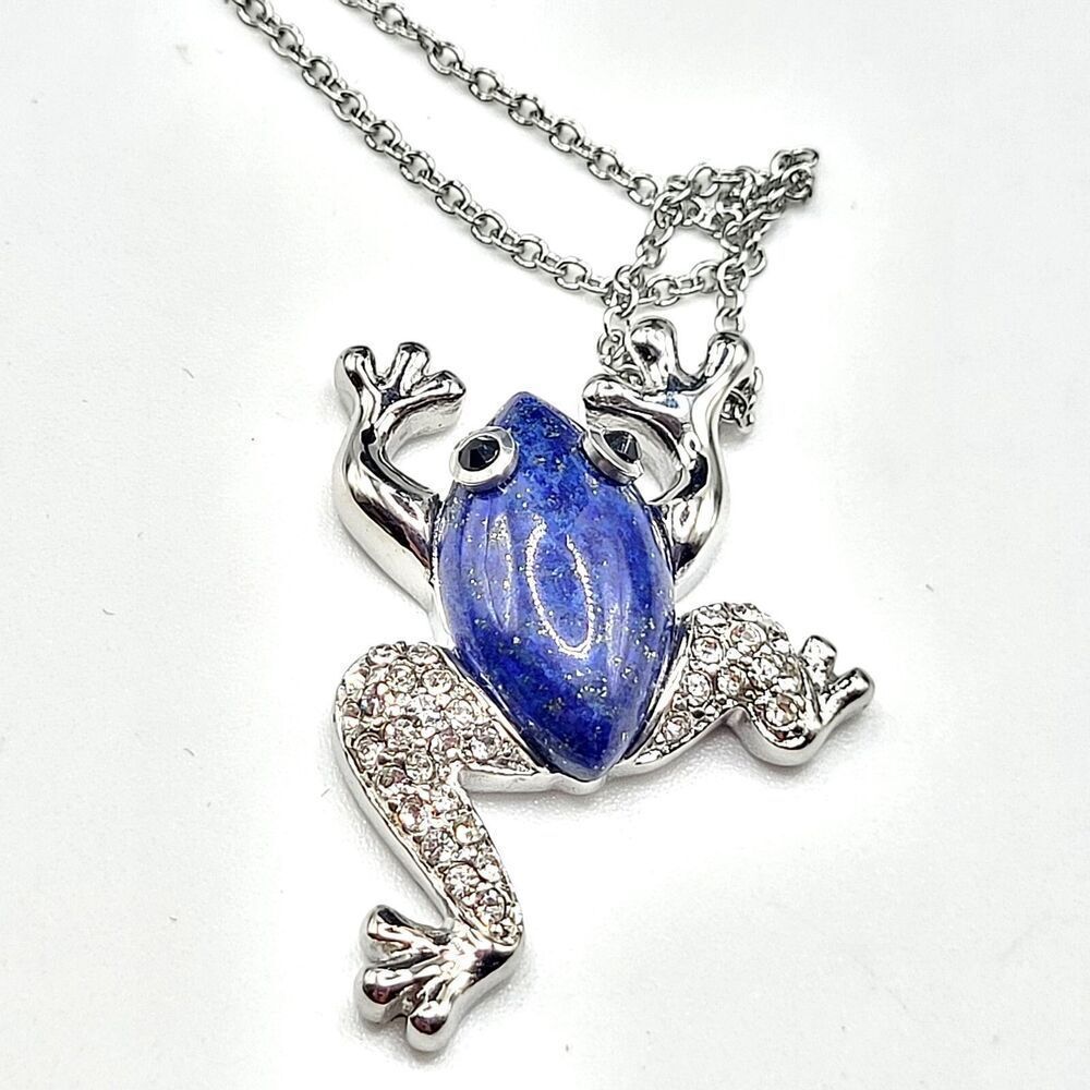 Lapis Lazuli Black and White Australian Crystal Frog Necklace 20in Stainless